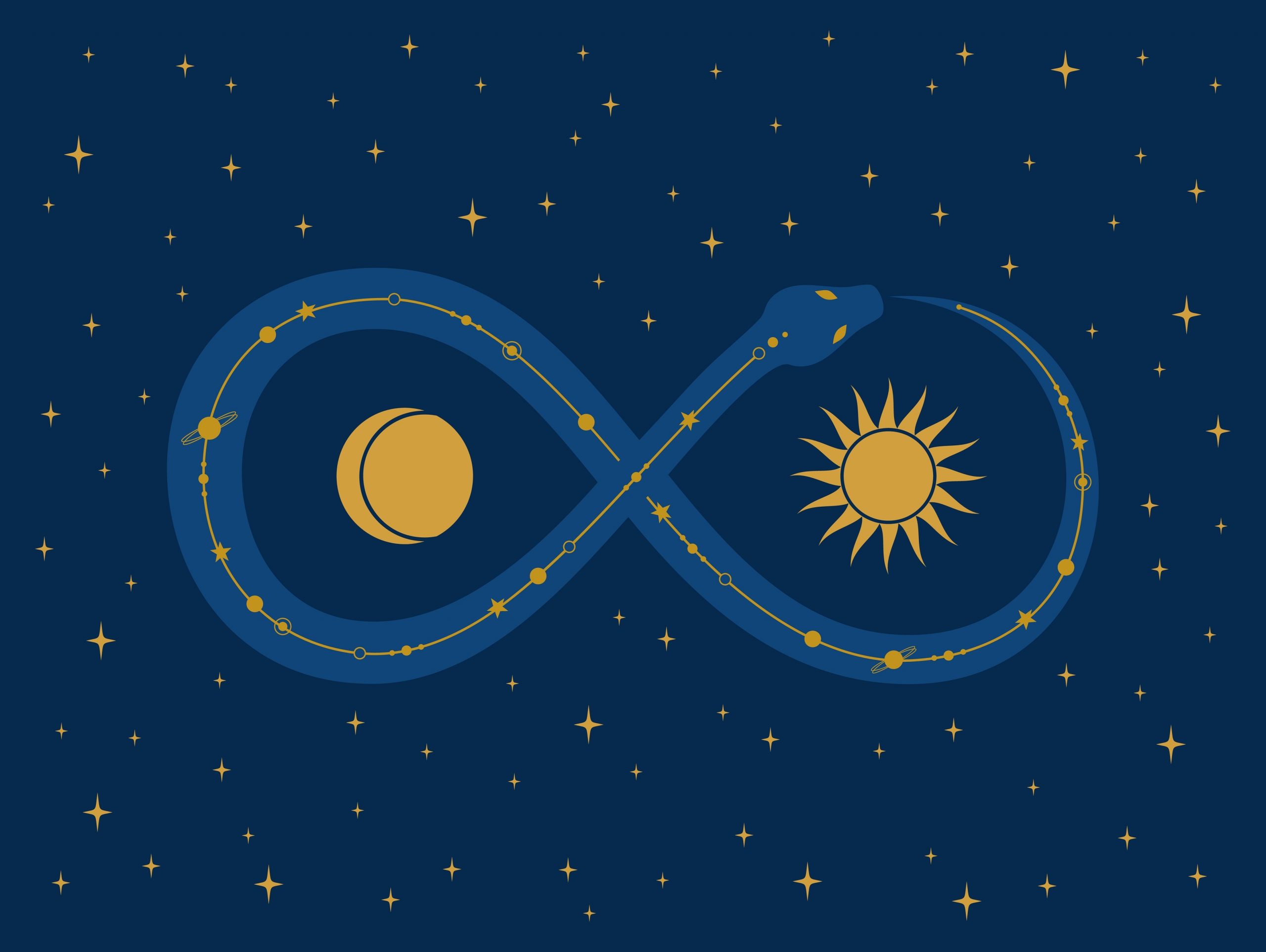 A blue infinity symbol with a serpent, a crescent moon, and a sun against a starry night sky.