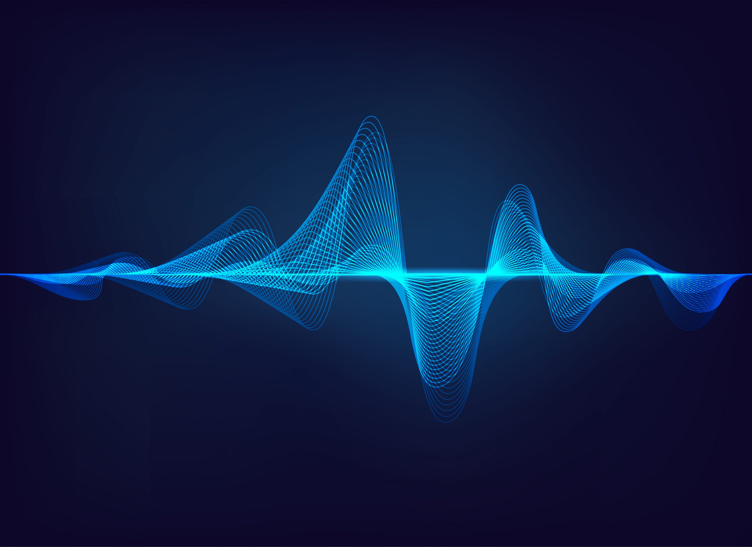 Blue sound wave graphic with smooth, flowing lines against a dark background, representing audio frequencies.