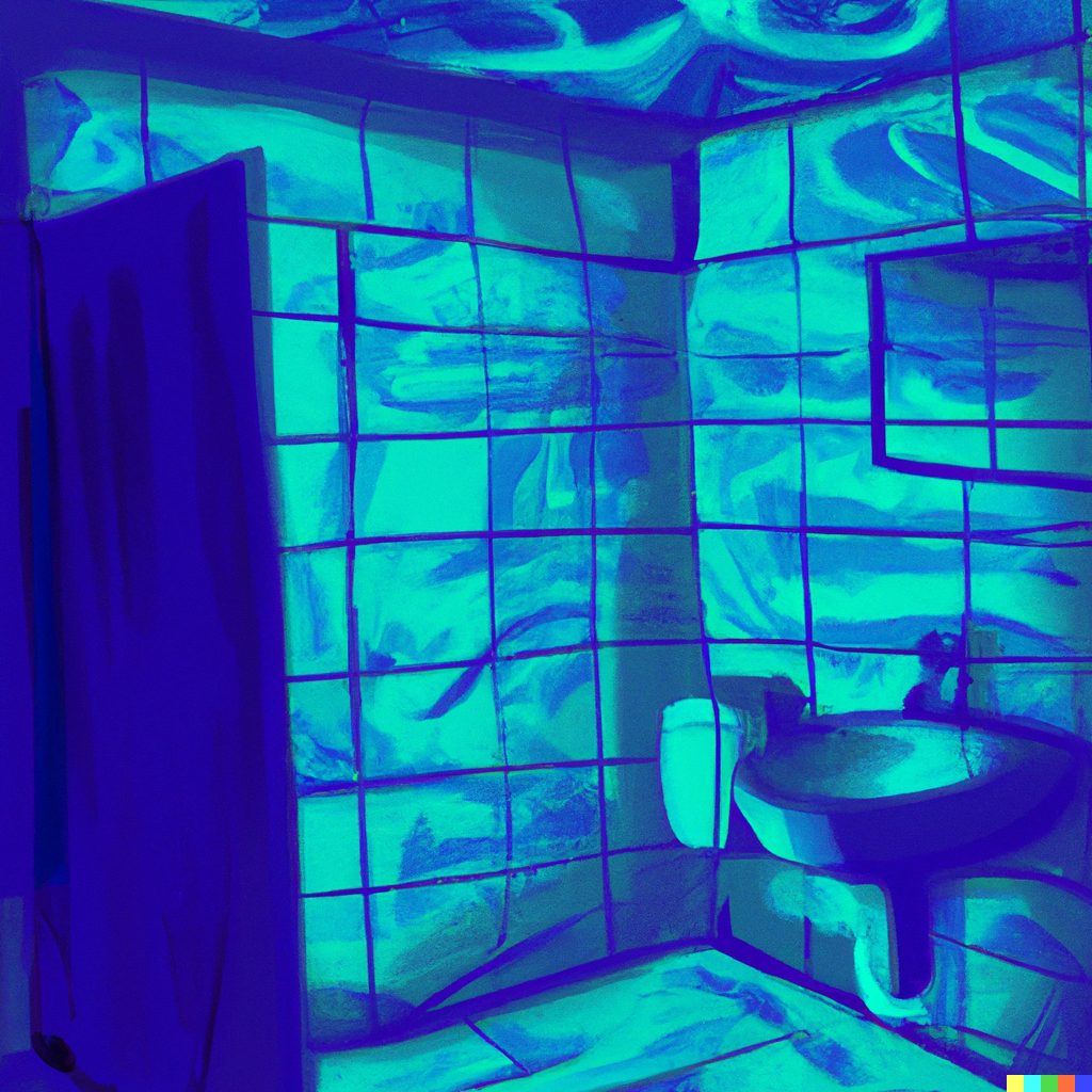 A blue-tinted bathroom with tiled walls, a sink, and a shower curtain, creating a surreal, dreamlike atmosphere.