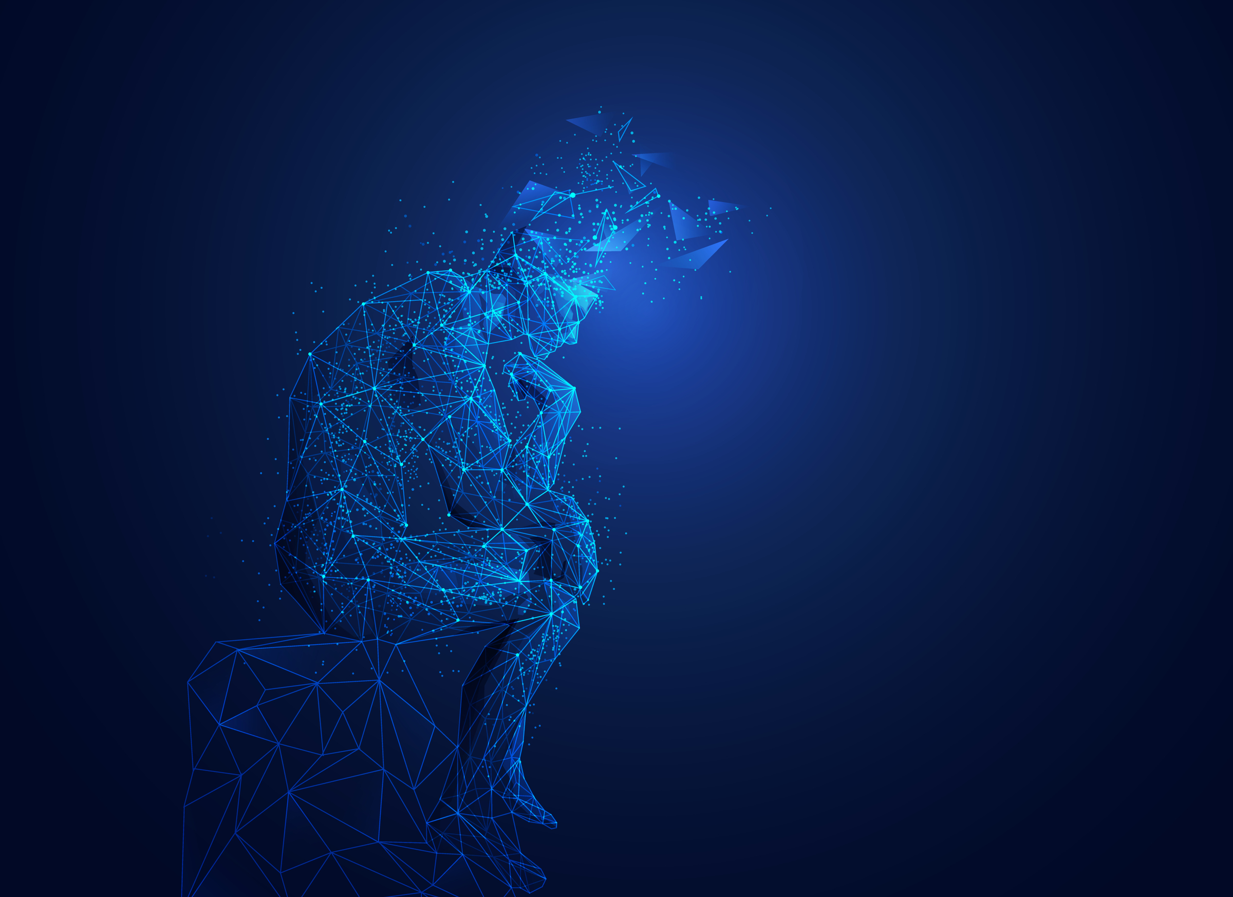 A blue, wireframe figure sits in contemplation, surrounded by glowing particles against a dark background.