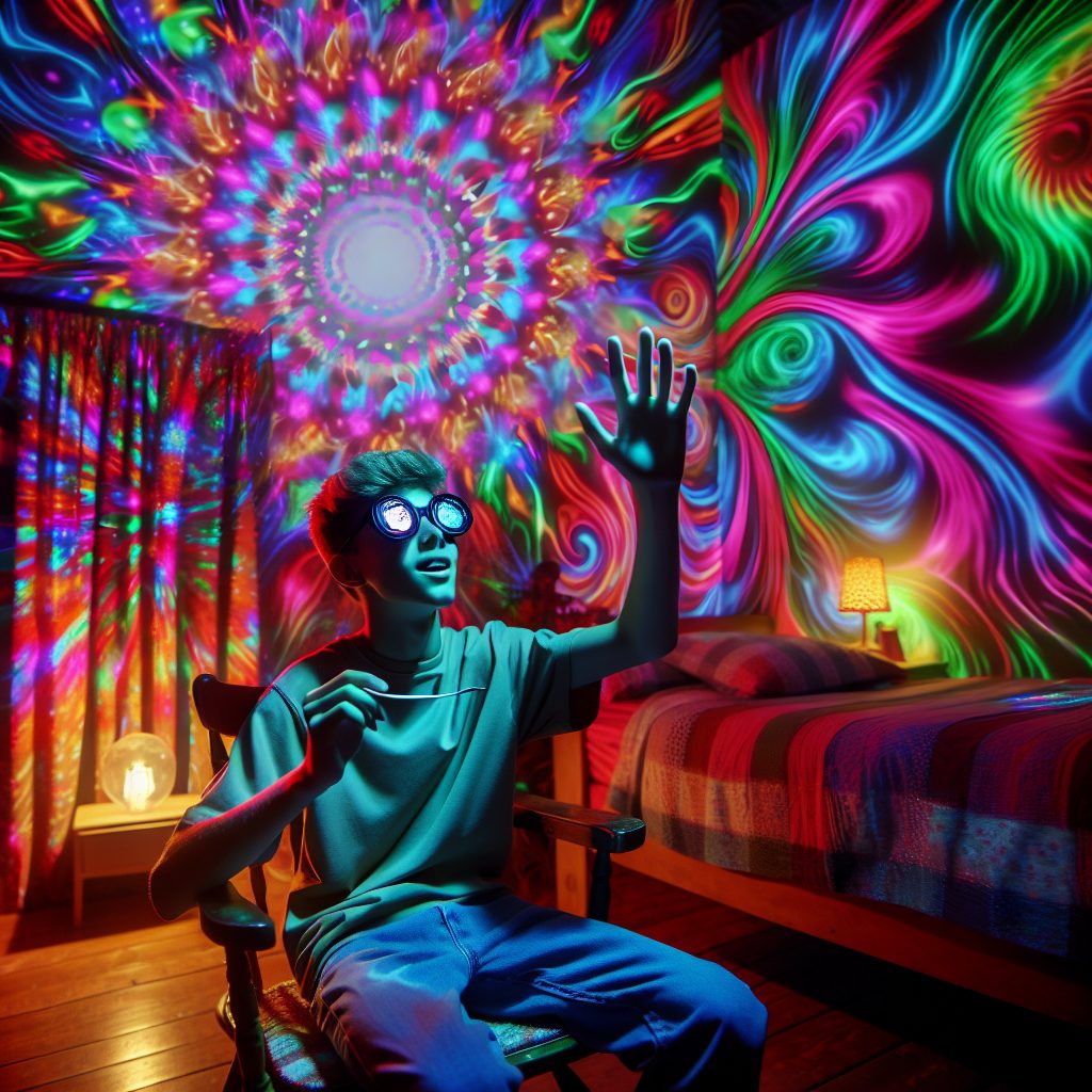 A boy in a chair, wearing glasses, reaches out as colorful psychedelic patterns swirl on the walls around him.
