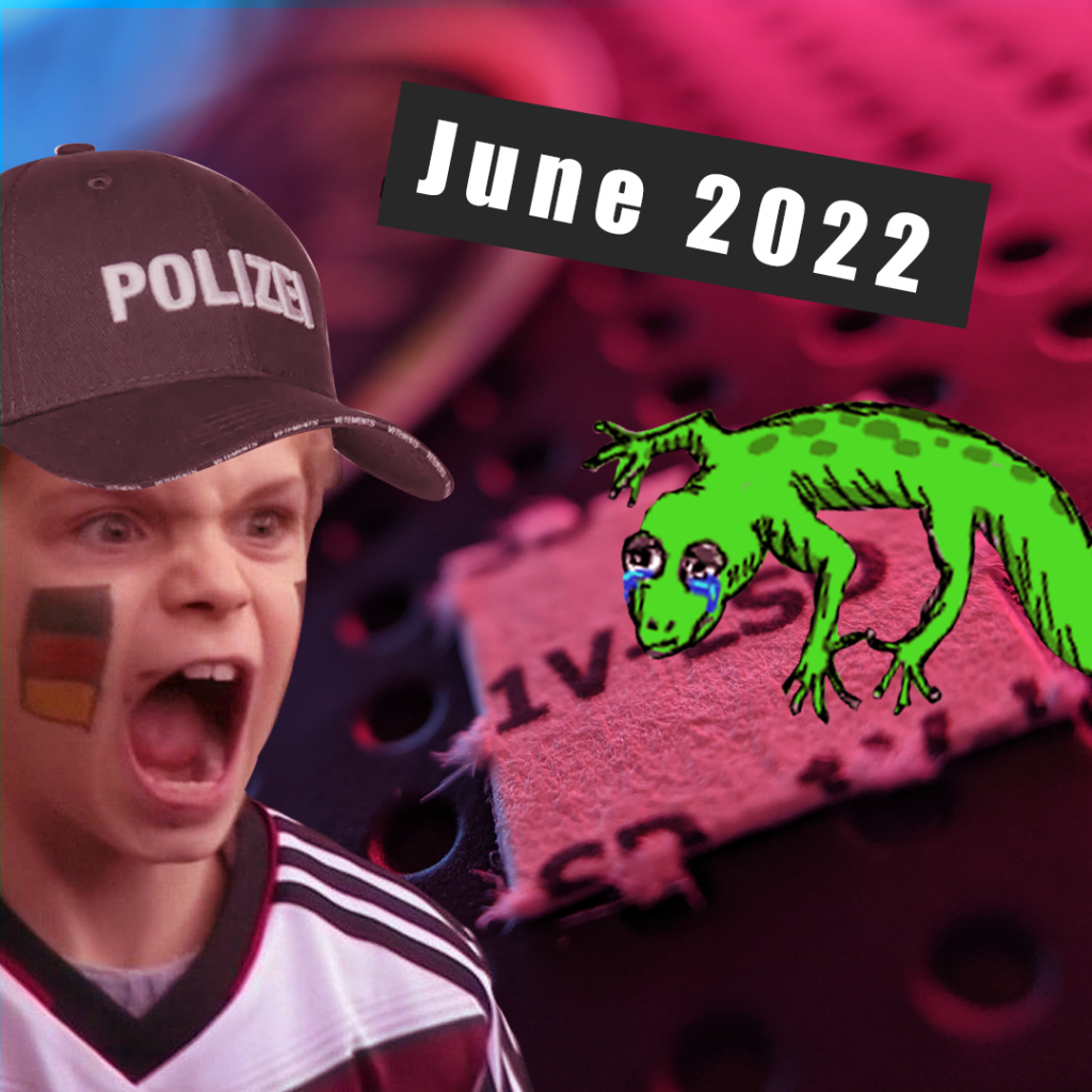 A boy in a German soccer jersey yells, wearing a police cap, with a cartoon green lizard and "June 2022" text.