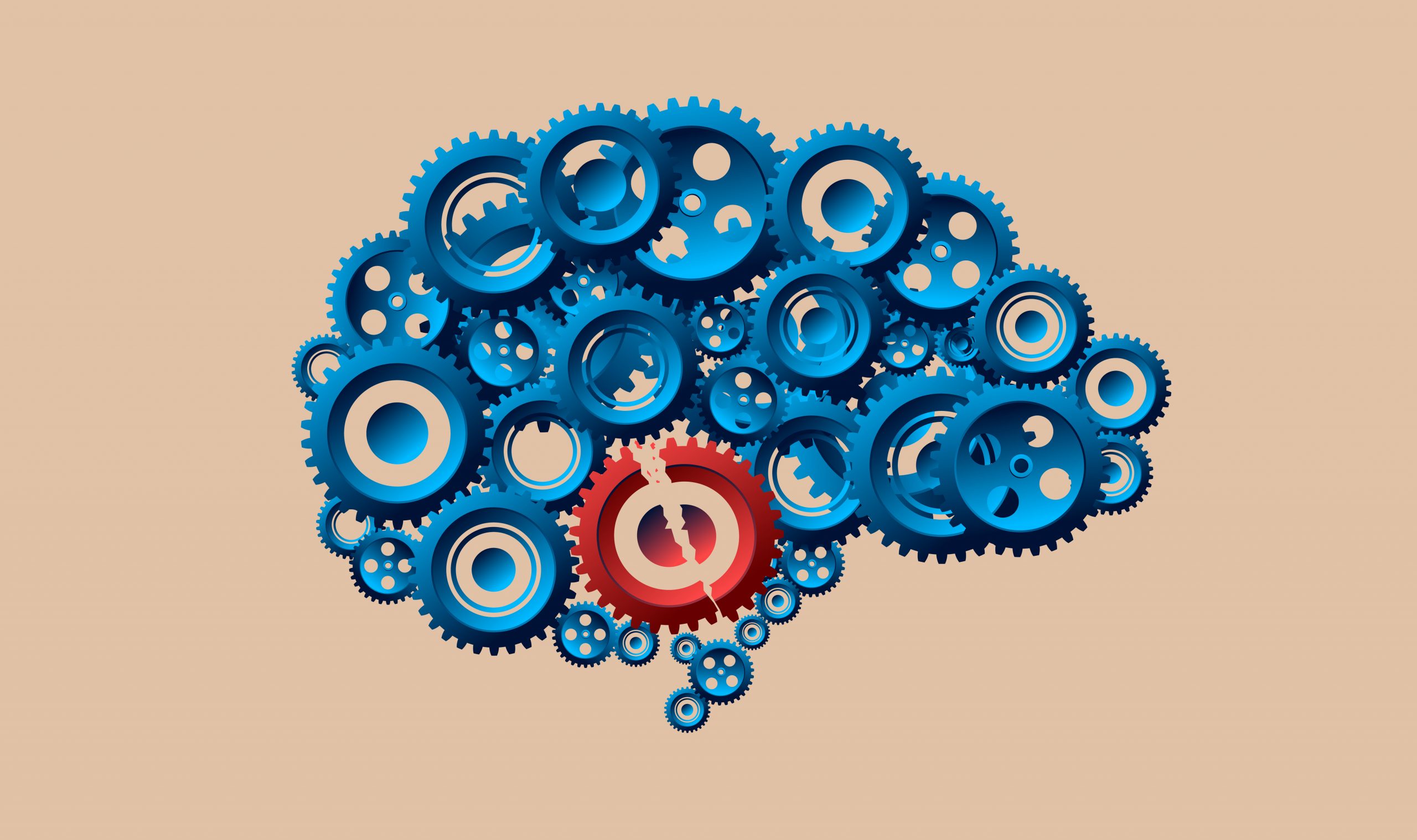 A brain made of interlocking blue and red gears, symbolizing thought and mechanical processes.