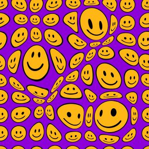Bright purple background filled with various yellow smiley faces in different sizes and expressions.