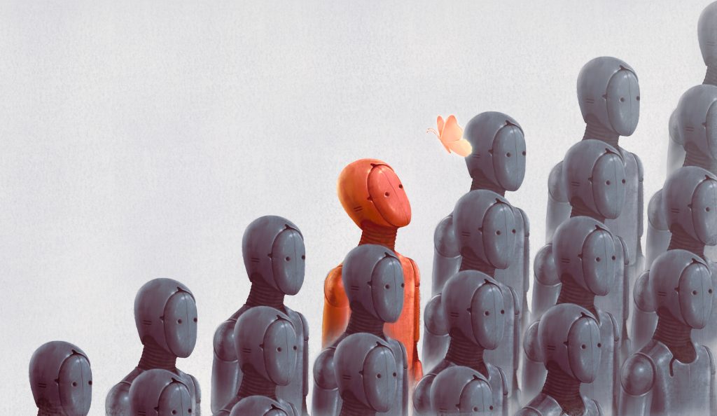 A bright red robot stands out among a crowd of gray robots, with a butterfly perched nearby.