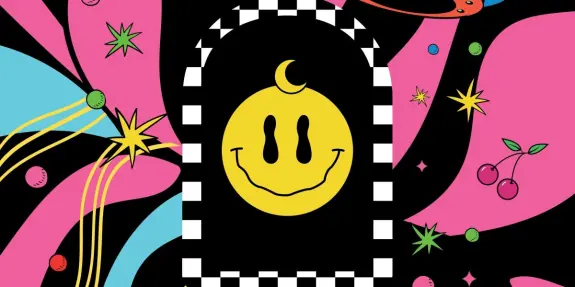 Bright, whimsical design featuring a yellow smiley face with a crescent moon, surrounded by colorful stars and abstract sh...