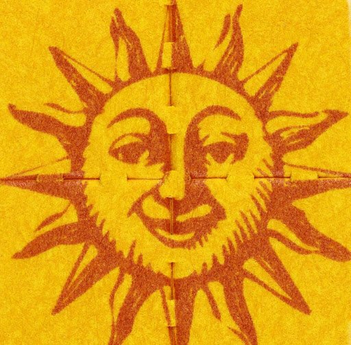 Bright yellow background featuring a smiling sun with radiating rays and a cheerful expression.