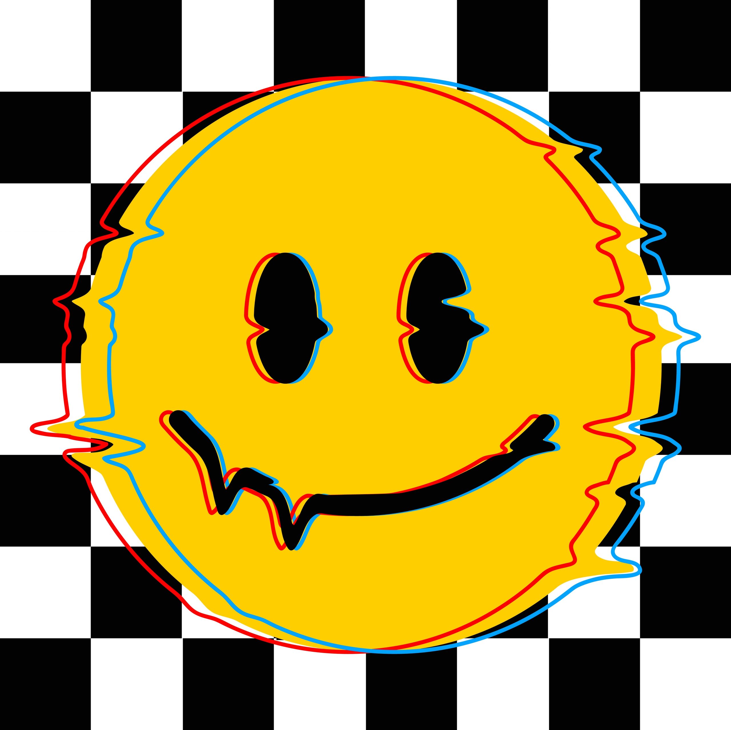 Bright yellow smiley face with distorted edges, set against a black and white checkered background.