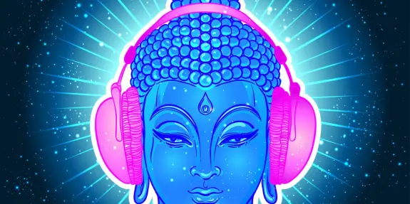 Buddha head in vibrant blue, wearing pink headphones, surrounded by radiant light and cosmic patterns.