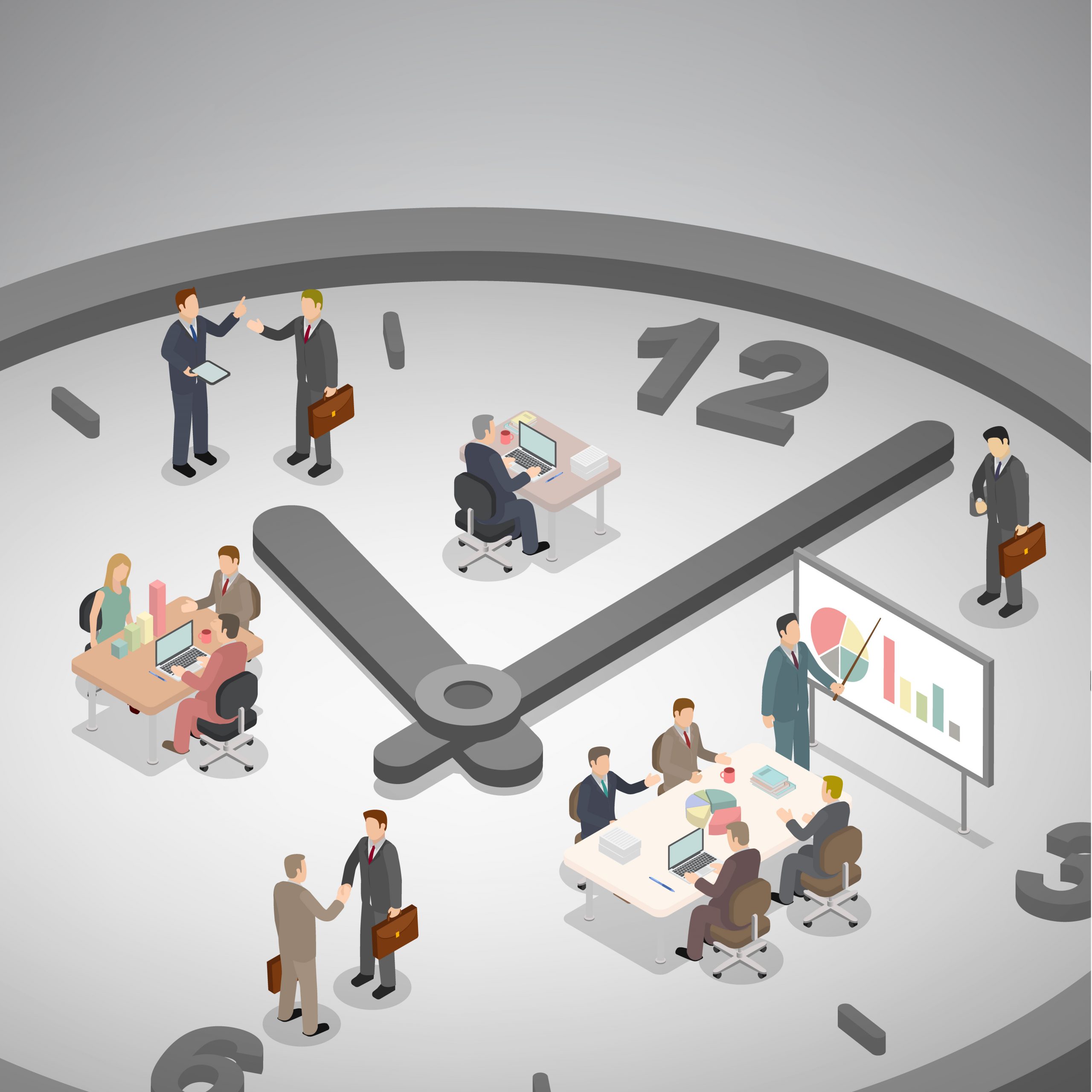 Business professionals engage in meetings and discussions around a large clock face, symbolizing time management.
