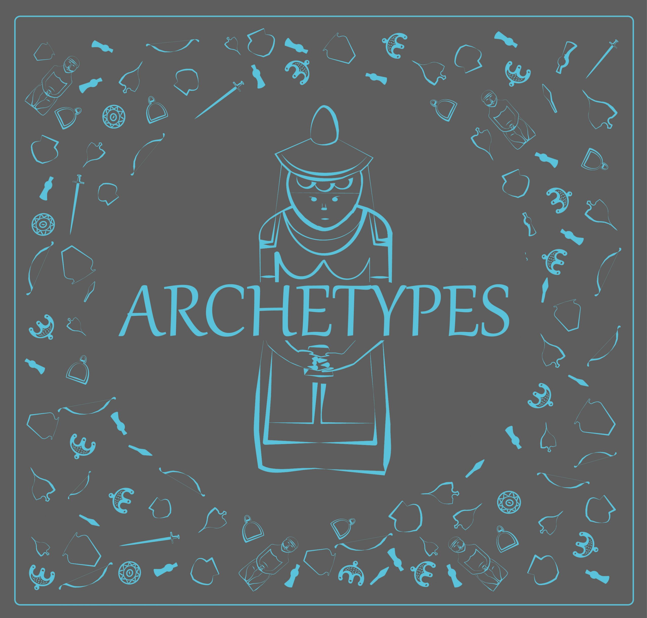 A central figure representing archetypes, surrounded by various symbolic objects and designs in a circular pattern.