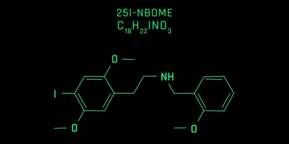 Chemical structure of 25I-NBOME displayed in green on a black background, featuring interconnected hexagonal rings and fun...