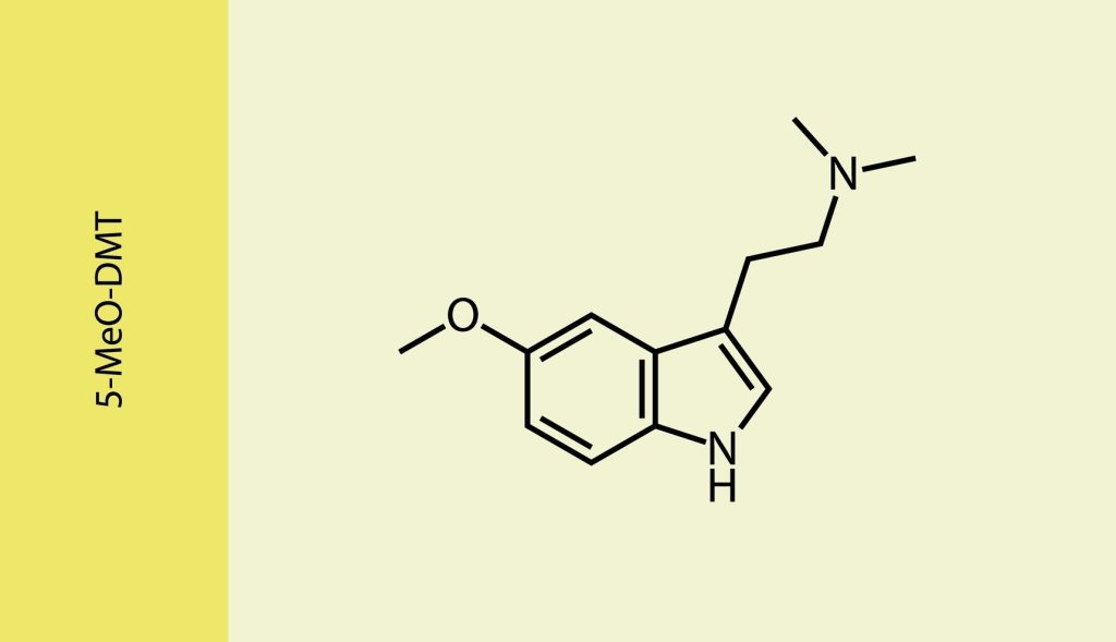 Chemical structure of 5-MeO-DMT on a light yellow background with a yellow sidebar.