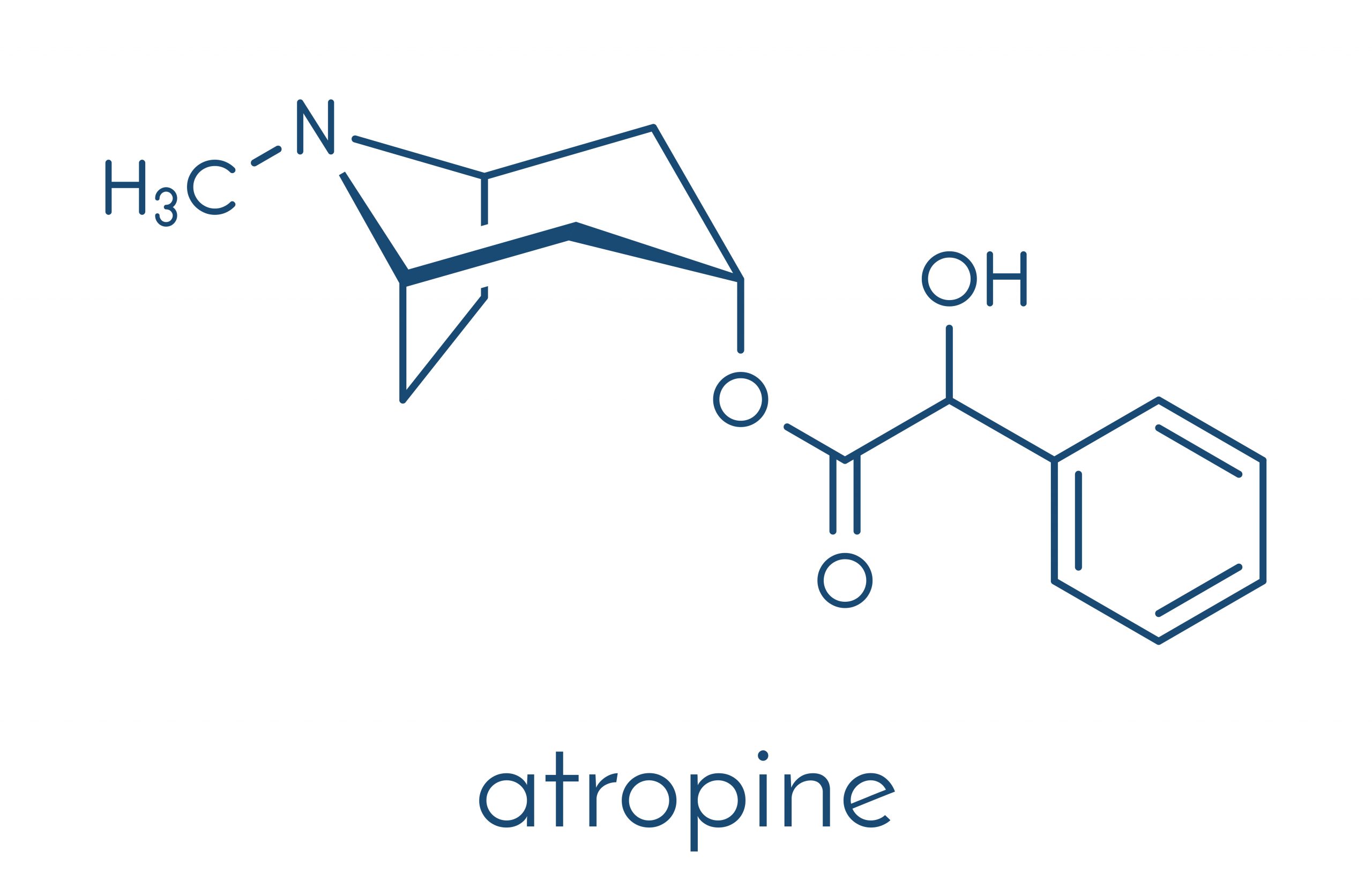 Chemical structure of atropine, featuring a nitrogen atom, hydroxyl group, and a benzene ring. Label reads "atropine.