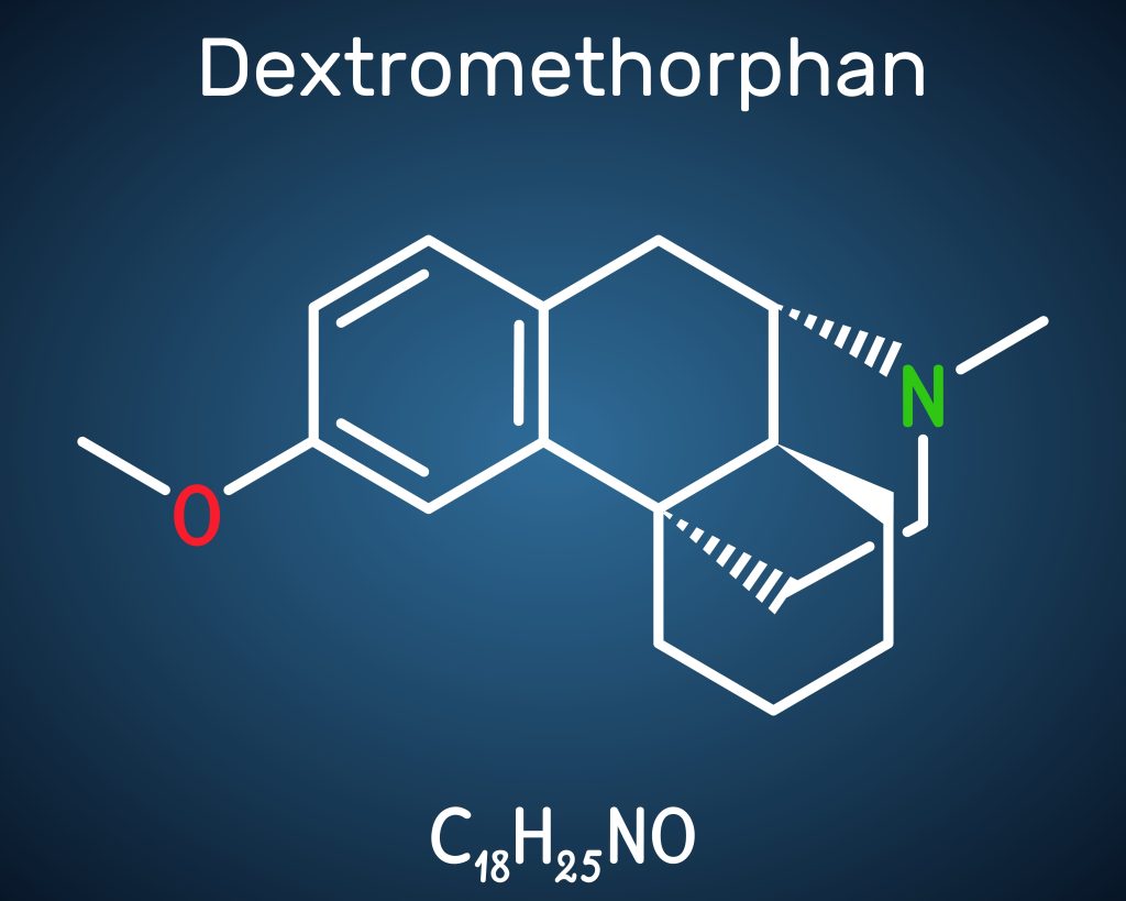 Chemical structure of Dextromethorphan with molecular formula C18H25NO on a dark blue background.