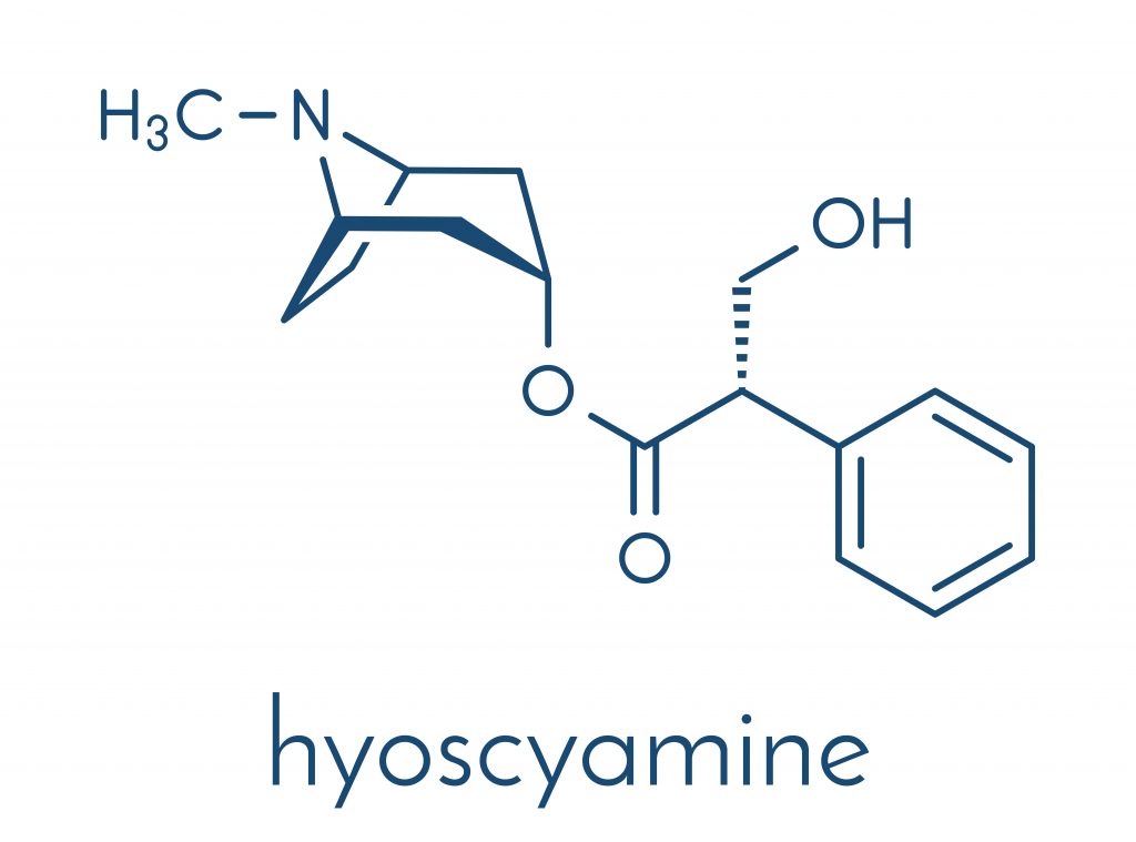 Chemical structure of hyoscyamine, featuring a nitrogen atom, hydroxyl group, and various carbon rings.