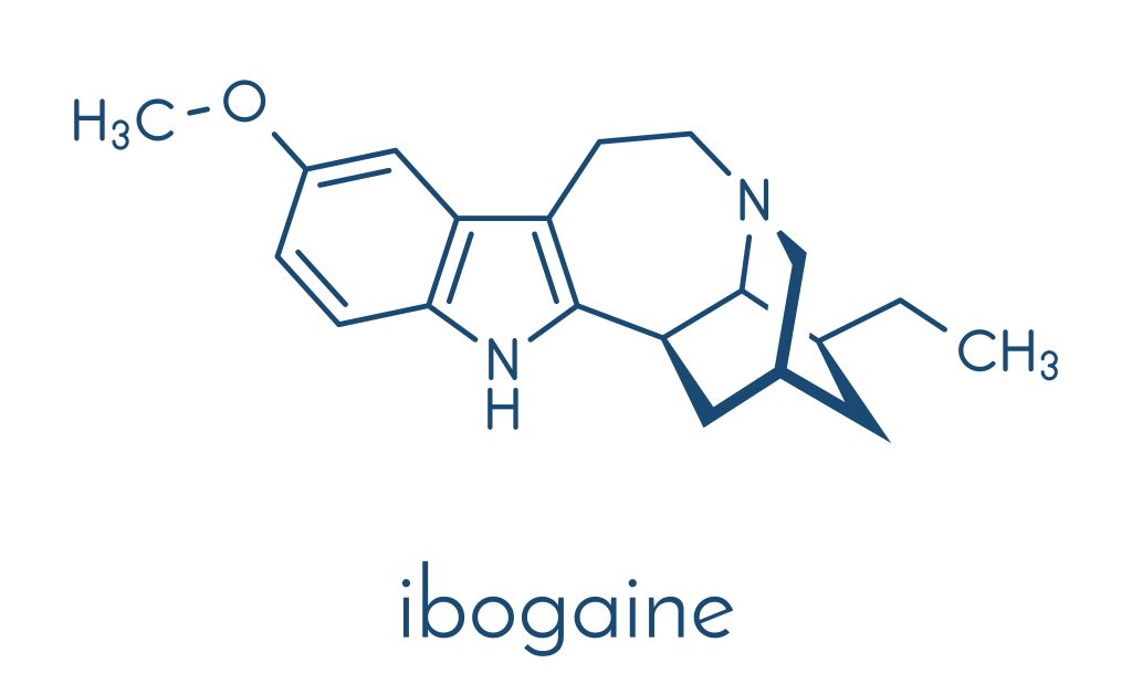 Chemical structure of ibogaine, featuring interconnected rings and functional groups, labeled clearly.