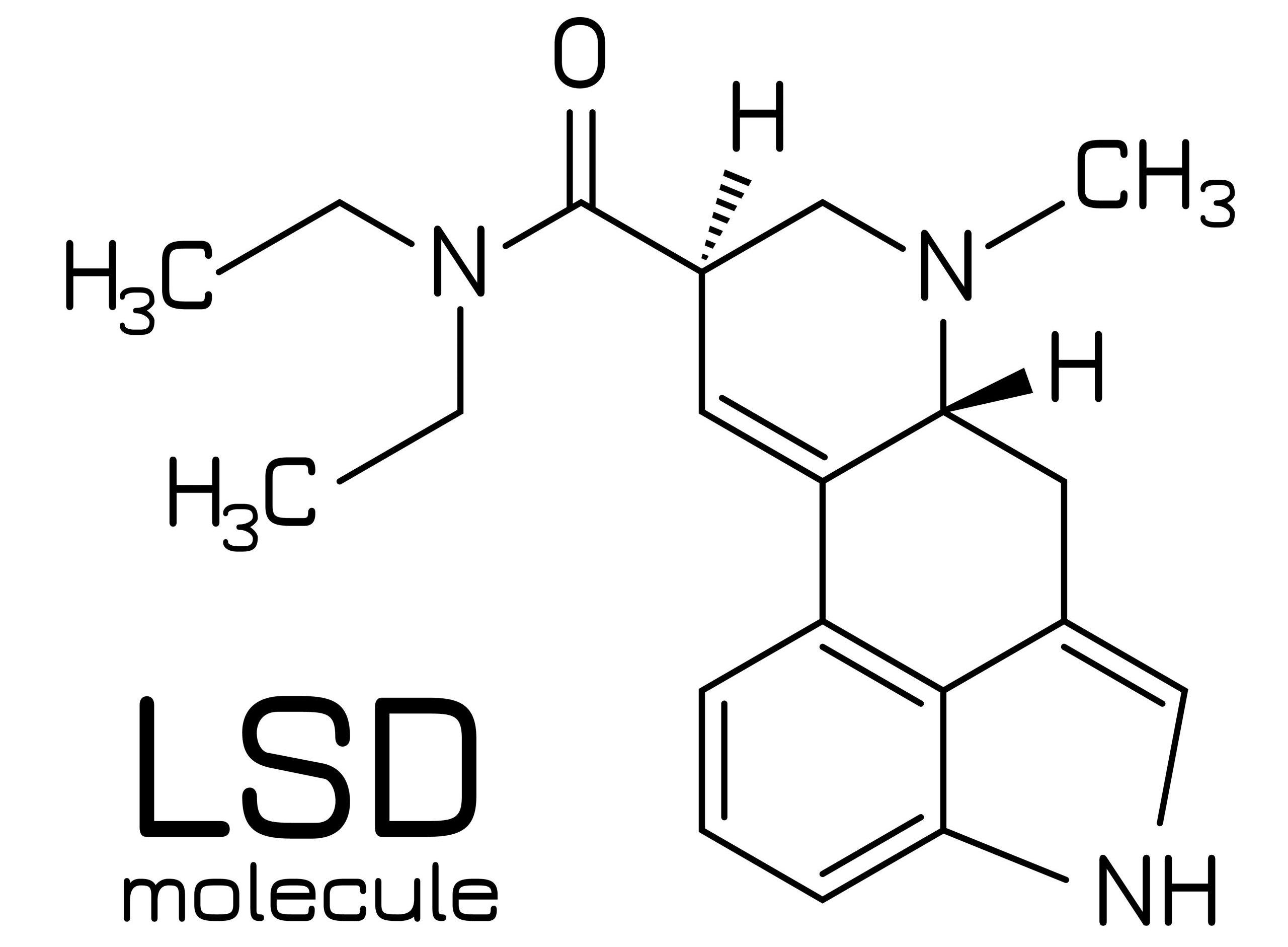 Chemical structure of the LSD molecule, featuring interconnected atoms and functional groups.