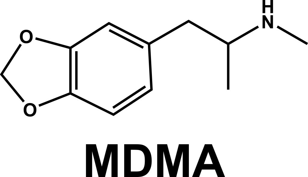 Chemical structure of MDMA, featuring a benzene ring, ethyl group, and amine functional group.