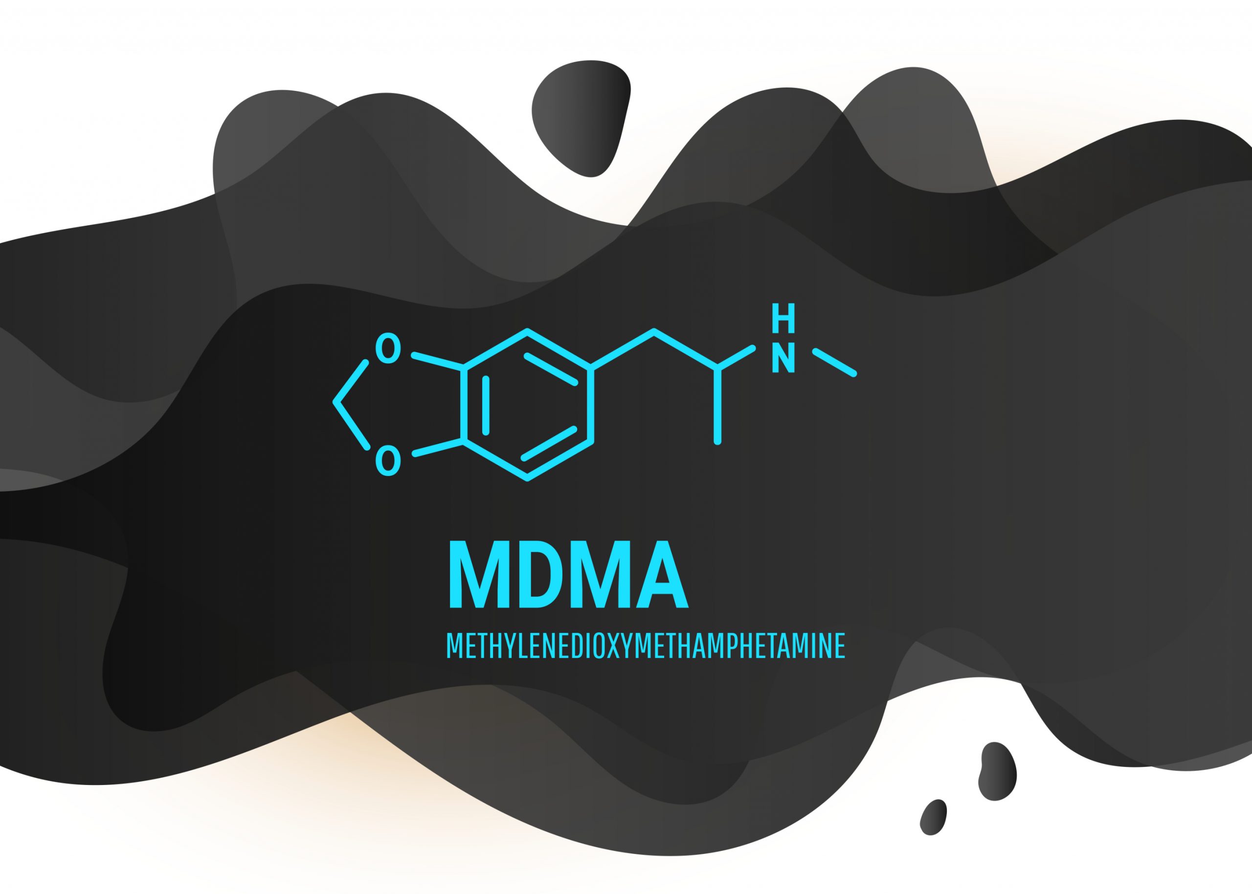 Chemical structure of MDMA (methylenedioxymethamphetamine) in blue against a black abstract background.