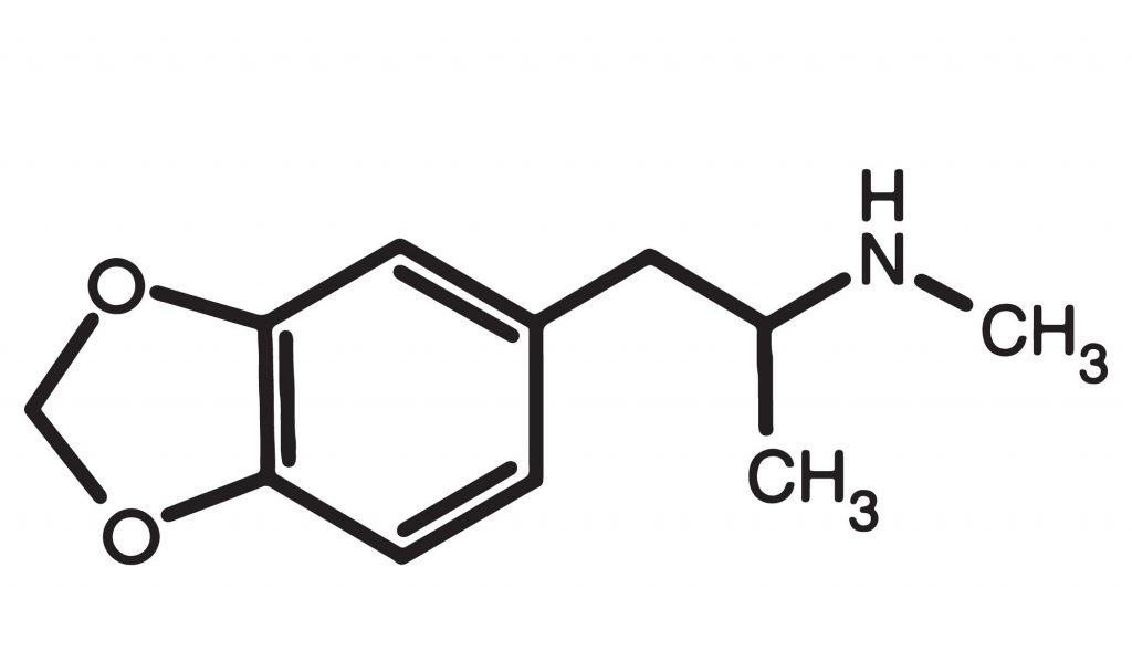 Chemical structure of methamphetamine, featuring a benzene ring and various functional groups.
