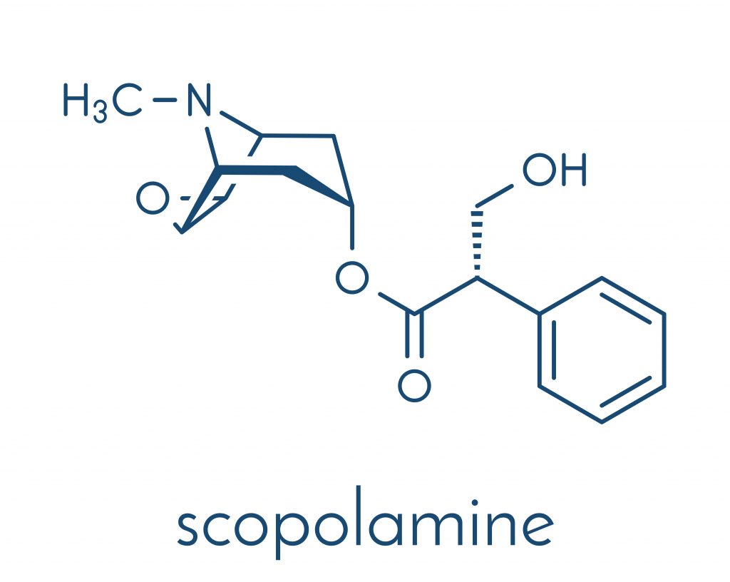 Chemical structure of scopolamine, featuring a nitrogen atom, oxygen atoms, and a benzene ring.