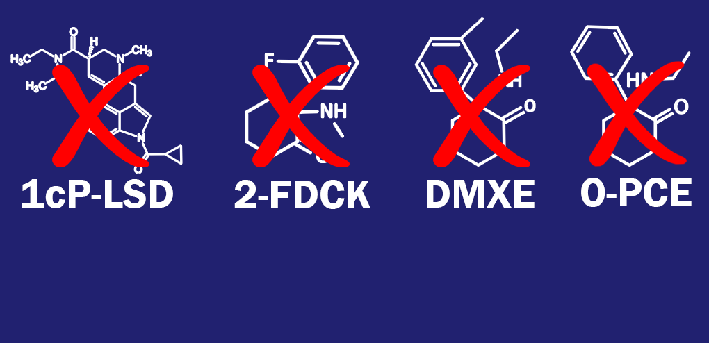 Chemical structures of 1cP-LSD, 2-FDCK, DMXE, and O-PCE, each marked with a red "X" on a blue background.