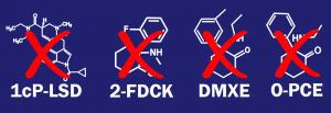 Chemical structures of 1cP-LSD, 2-FDCK, DMXE, and O-PCE, each marked with a red "X" to indicate prohibition.