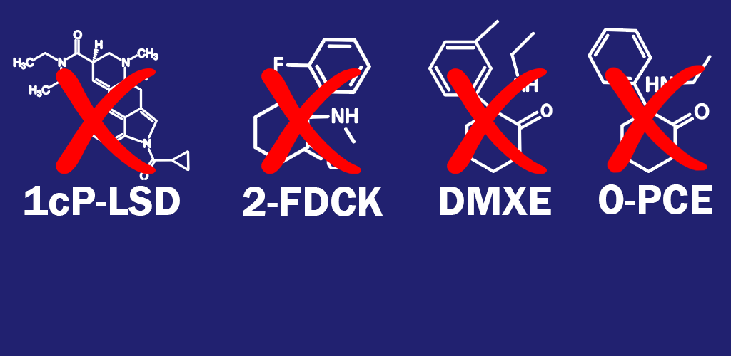 Chemical structures of 1cP-LSD, 2-FDCK, DMXE, and O-PCE, each marked with a red "X" on a blue background.