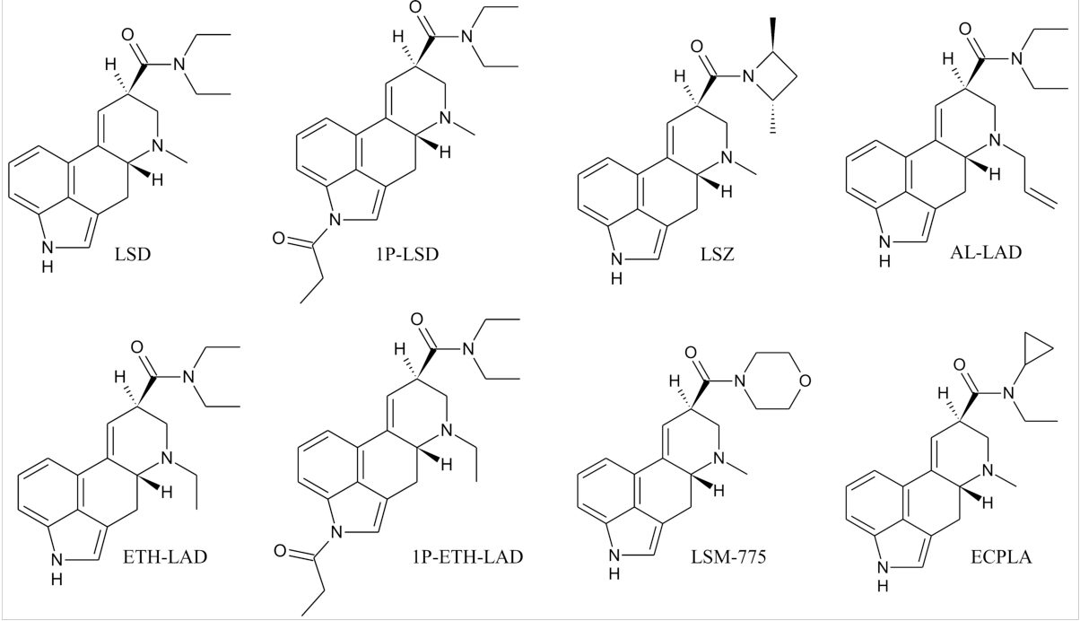 Chemical structures of various psychedelics including LSD, 1P-LSD, and AL-LAD, displayed in a grid format.