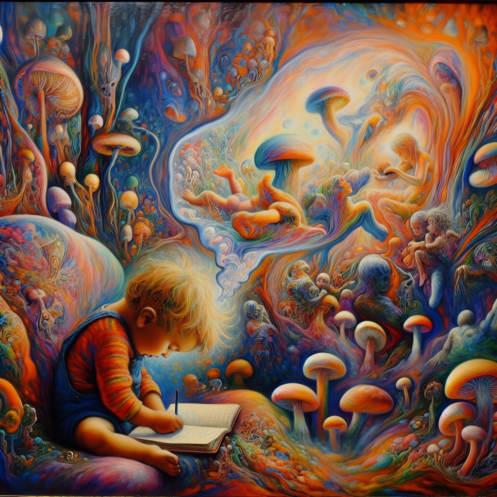 A child sits in a vibrant, surreal landscape filled with colorful mushrooms, lost in writing in a notebook.