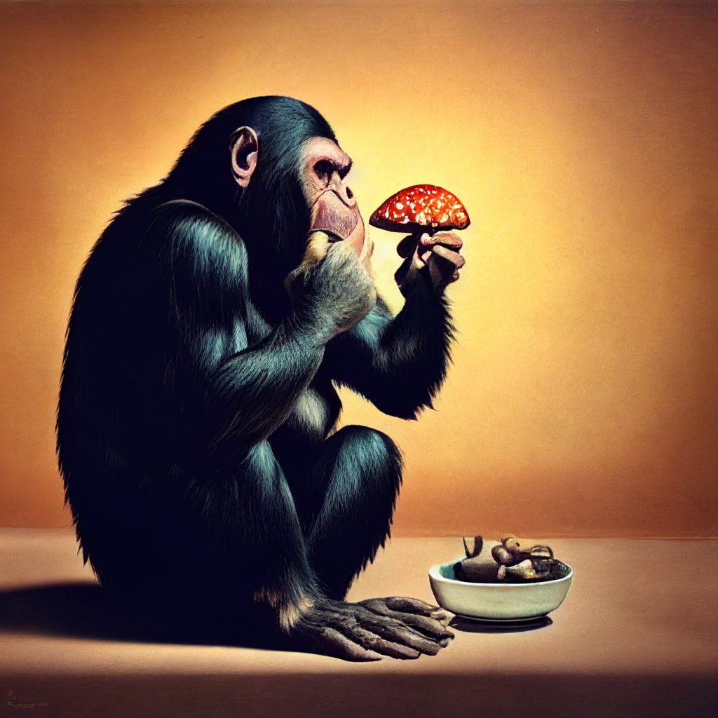 A chimpanzee sits thoughtfully, holding a slice of fruit, with a bowl of nuts nearby against a warm background.