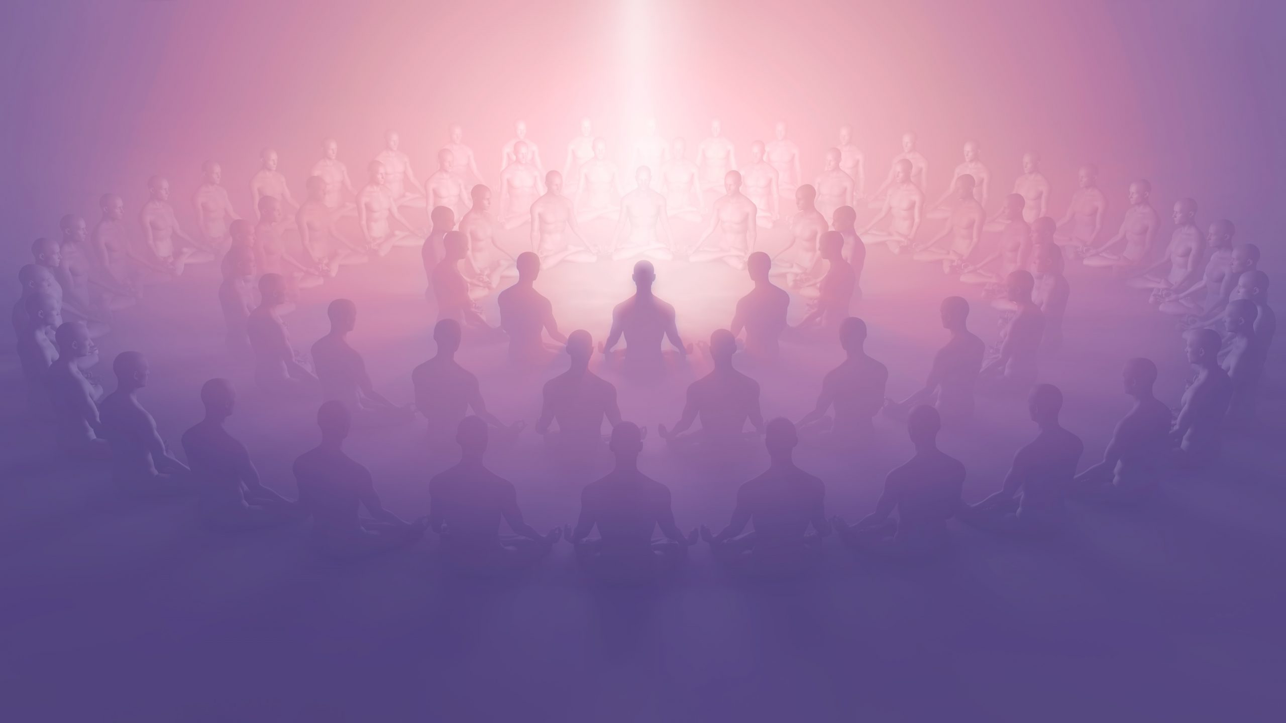 A circle of meditating figures surrounded by a soft, ethereal glow, creating a serene and mystical atmosphere.