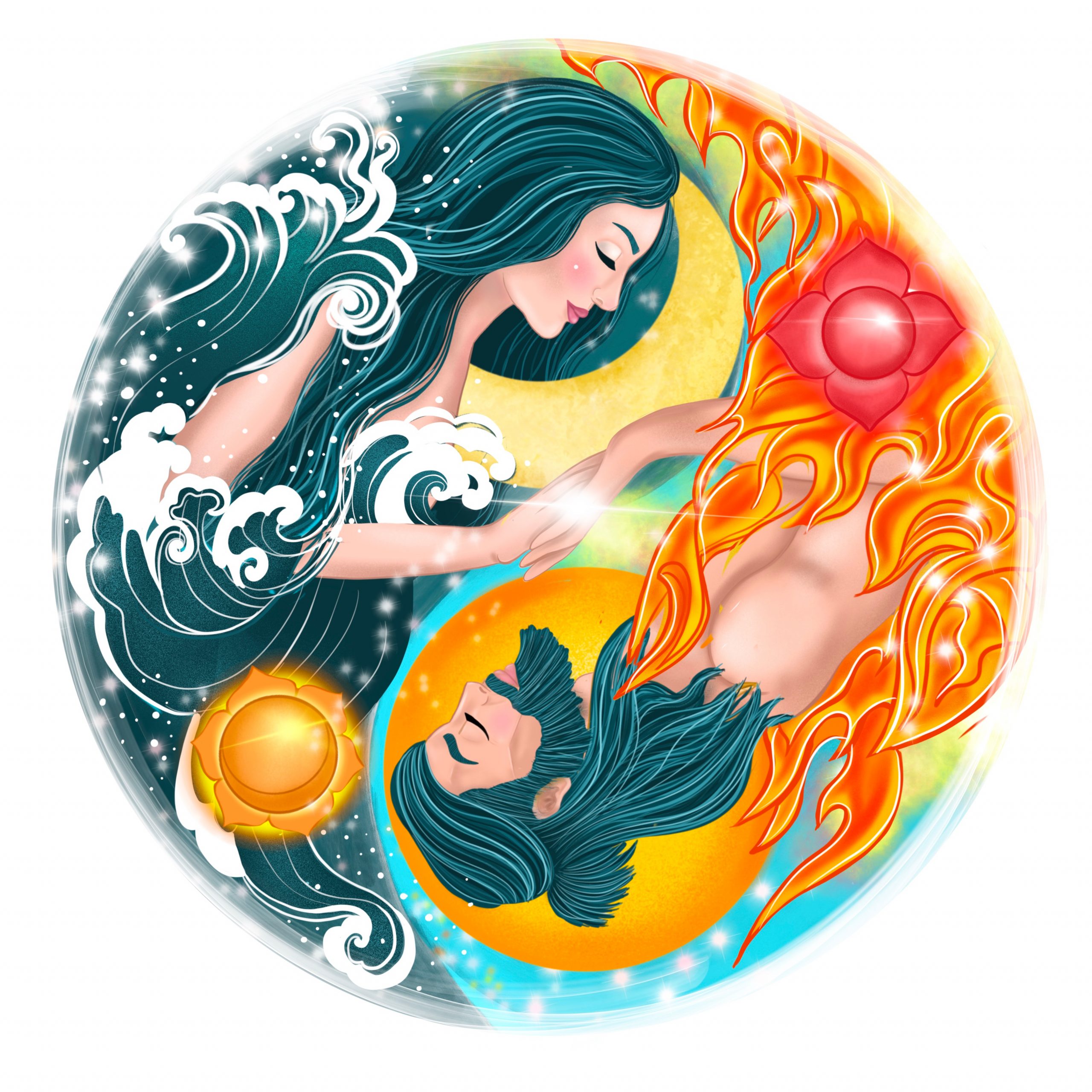 A circular design featuring a woman with flowing hair surrounded by waves and flames, symbolizing balance between water an...
