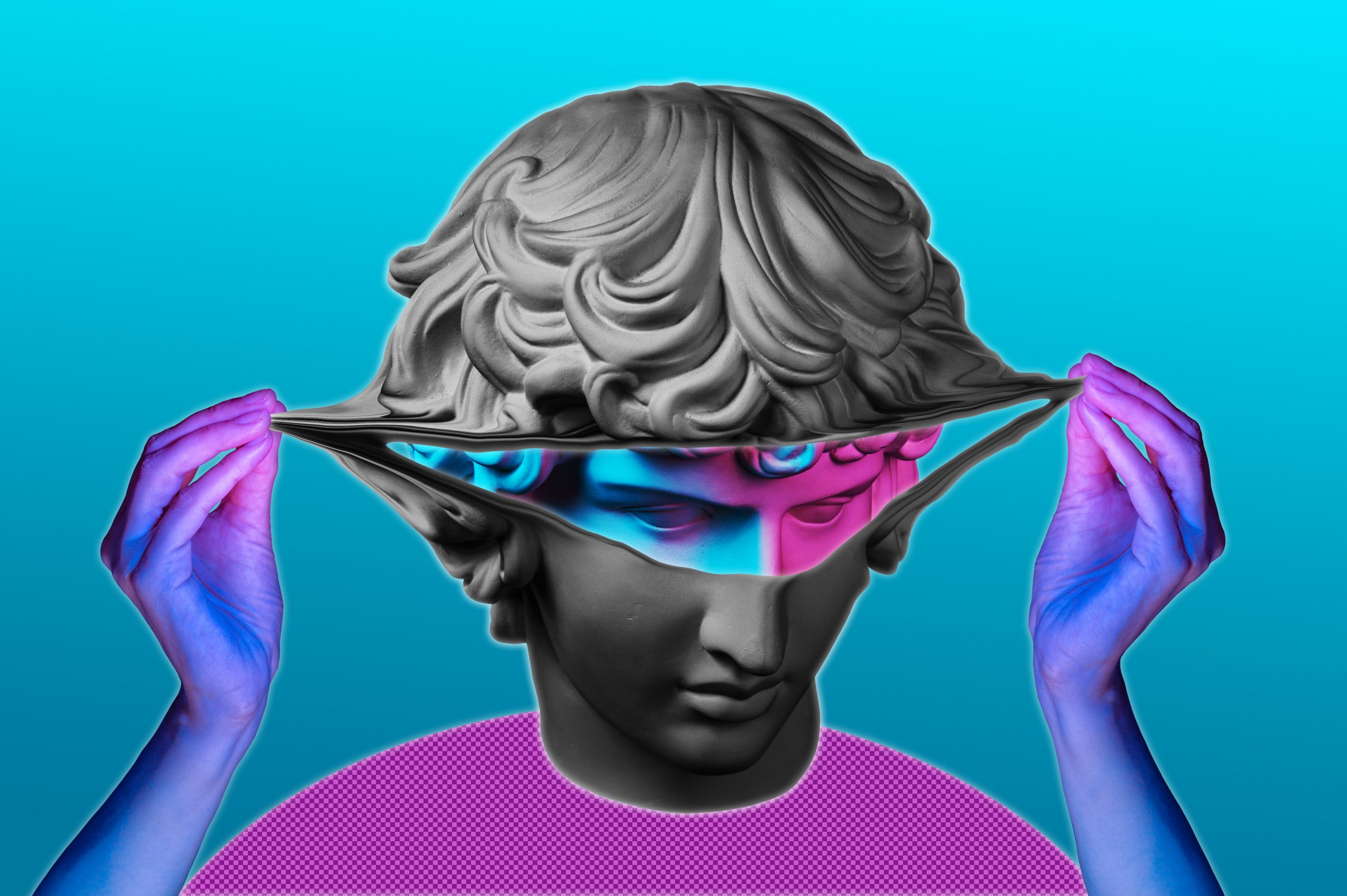 A classical bust with flowing hair, hands lifting a colorful visor, set against a vibrant blue and pink background.