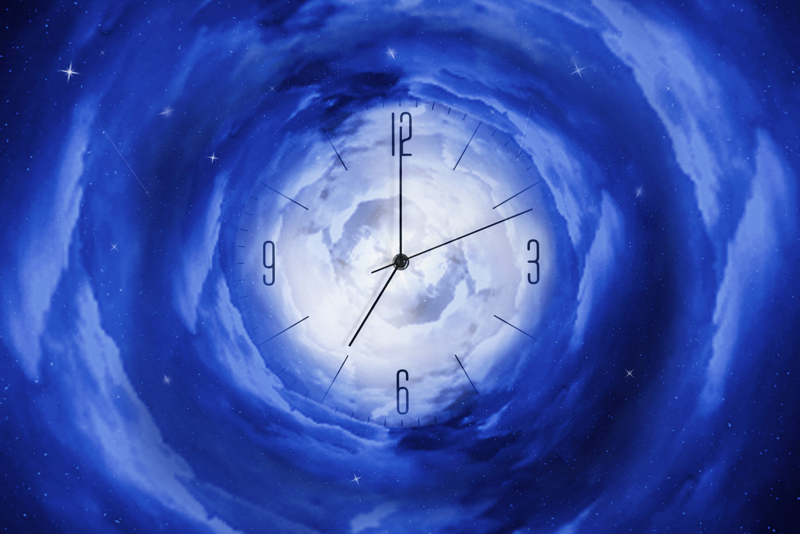 Clock face with swirling blue clouds, numbers 12, 3, 6, and 9 visible, creating a cosmic, dreamlike atmosphere.