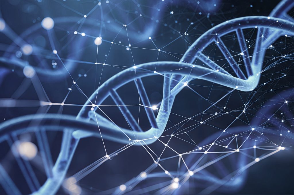 Close-up of a DNA double helix with glowing connections, set against a dark, abstract background.