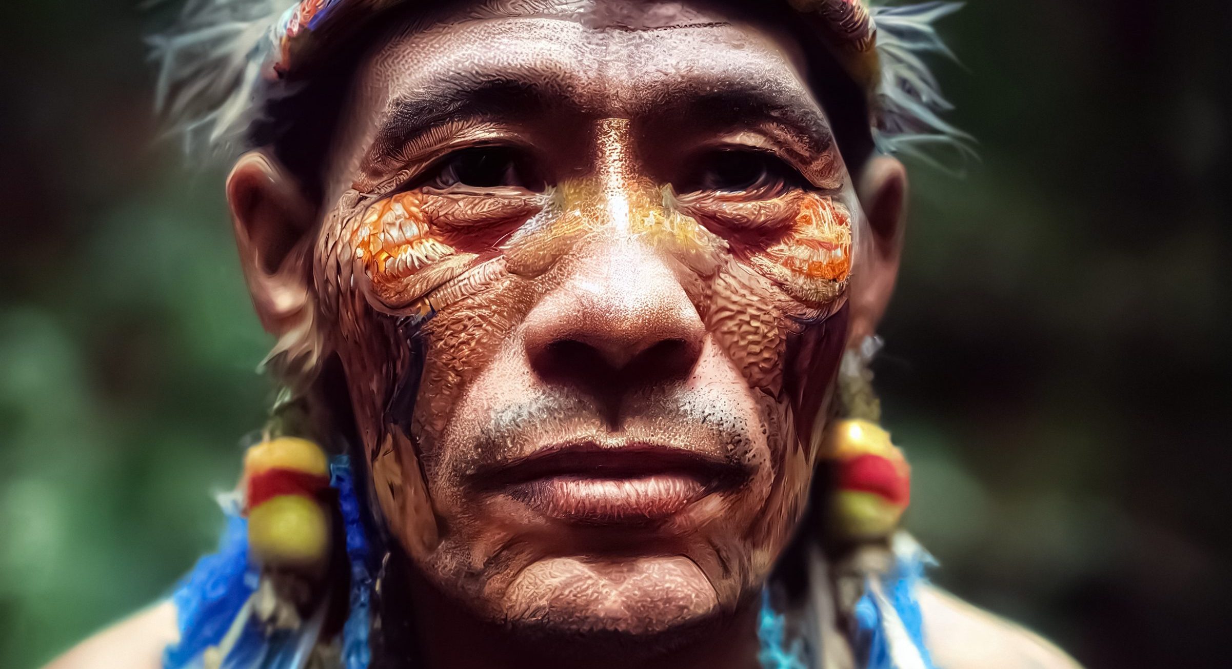 Close-up of a man with intricate facial tattoos and traditional jewelry, set against a lush green background.