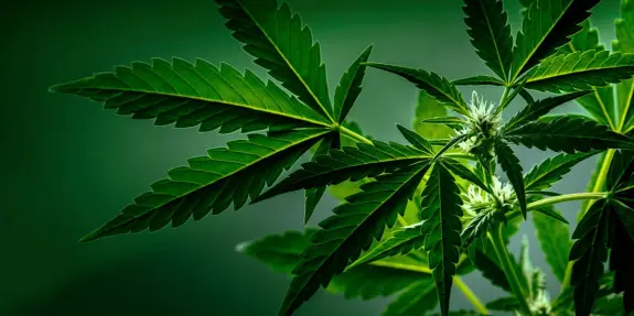 Close-up of vibrant green cannabis leaves with a soft-focus background, showcasing intricate leaf patterns and textures.