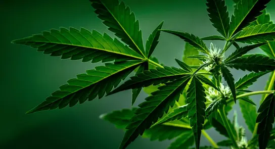 Close-up of vibrant green cannabis leaves with a soft-focus background, showcasing intricate leaf patterns and textures.