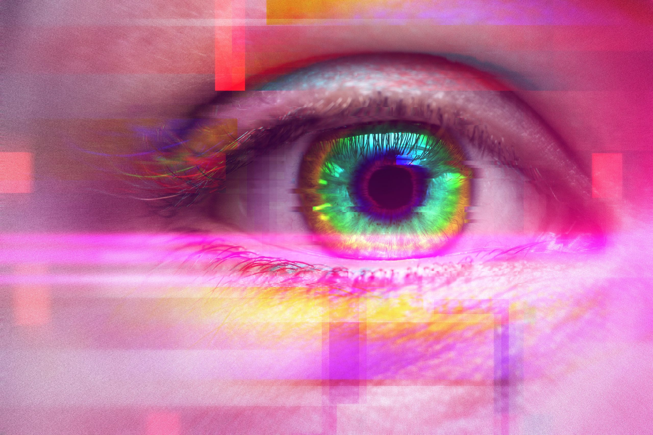 Close-up of a vibrant, multicolored eye with digital glitch effects and abstract shapes in the background.
