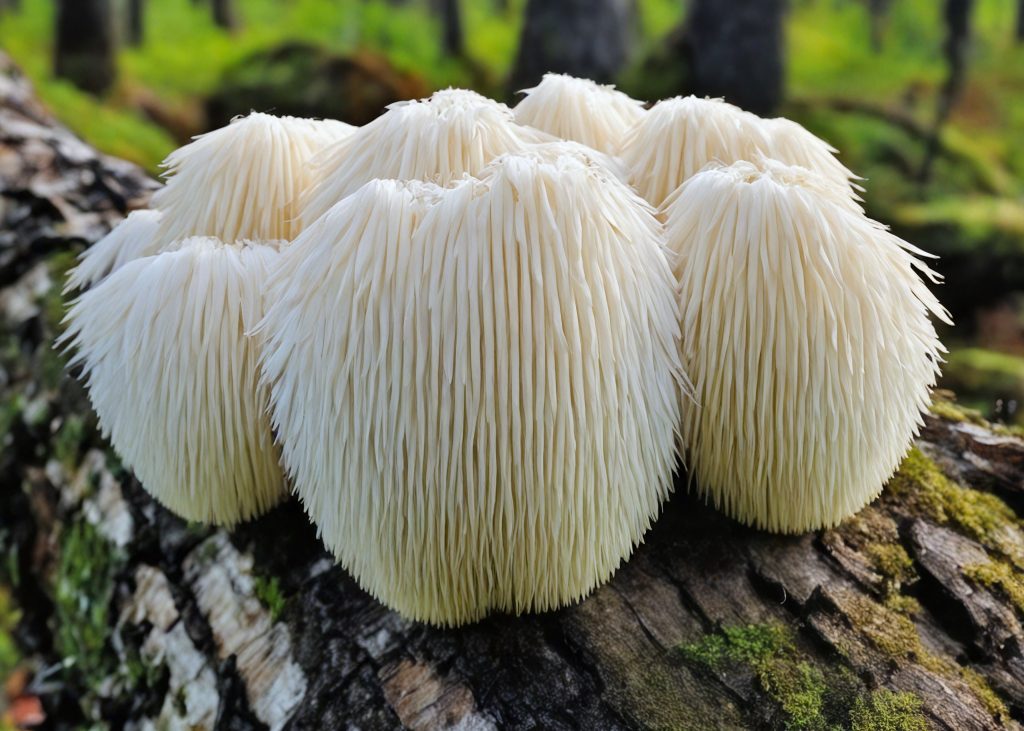 Cluster of white, shaggy mushrooms growing on a moss-covered log in a lush forest setting.