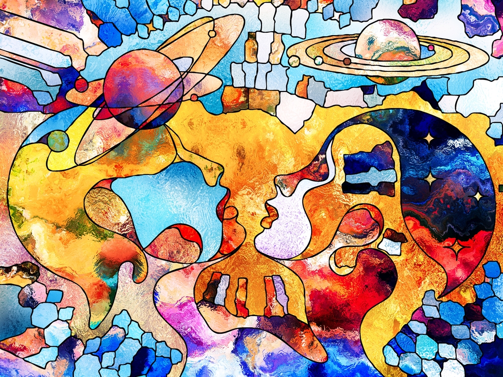 Colorful abstract artwork featuring two faces intertwined with planets and vibrant cosmic elements.