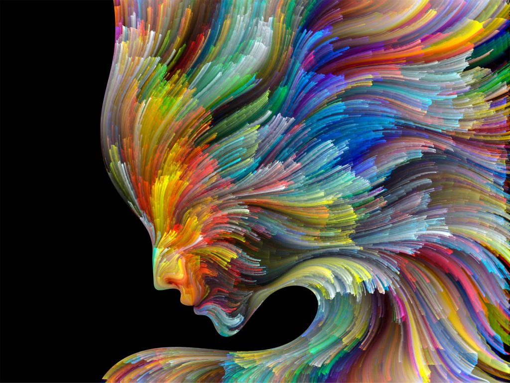Colorful abstract depiction of a face with flowing hair, blending vibrant hues against a black background.