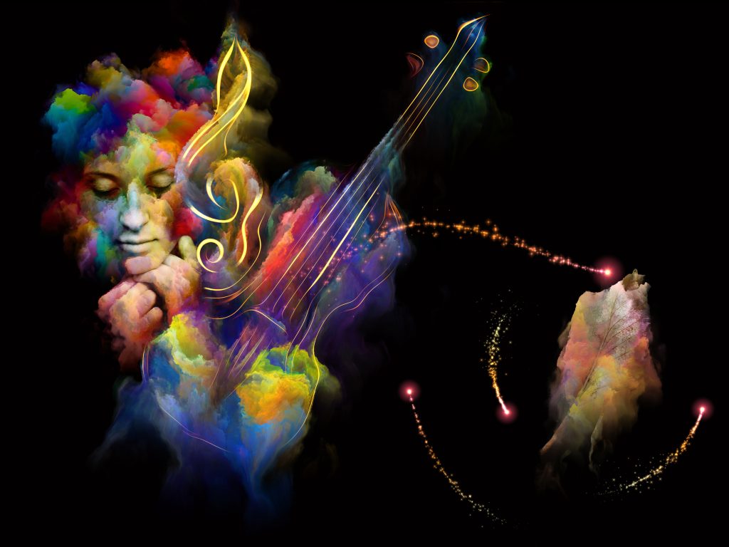 A colorful, abstract depiction of a face and violin, surrounded by swirling musical notes and vibrant clouds.
