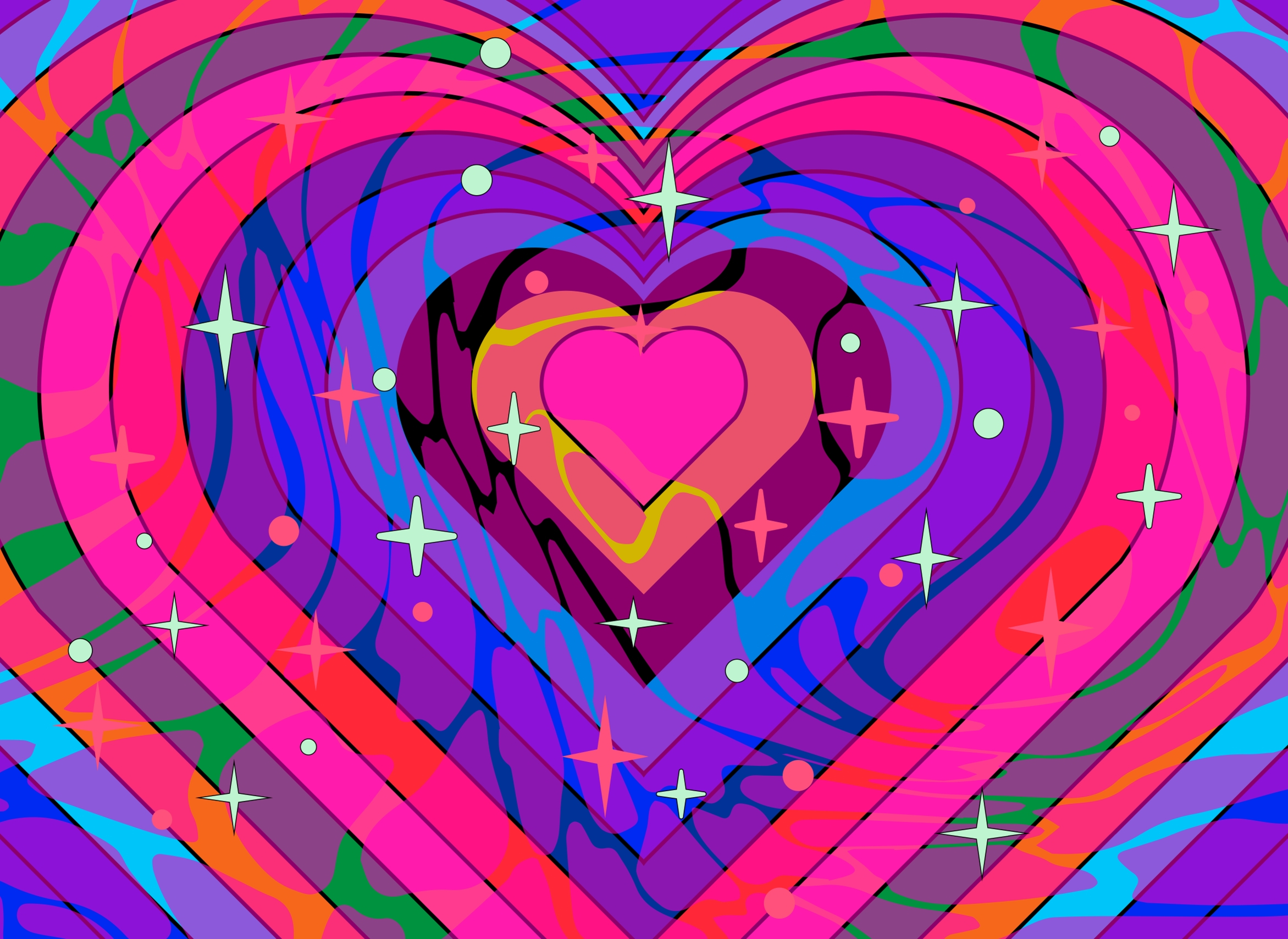 Colorful abstract design featuring layered hearts in pink and purple, surrounded by stars and swirling patterns.