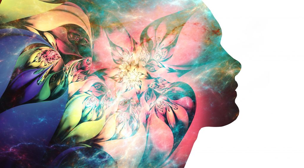 Colorful abstract design featuring a silhouette of a face intertwined with vibrant floral patterns and cosmic elements.