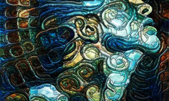 Colorful abstract design featuring swirling shapes and vibrant blues, greens, and golds, resembling stained glass.