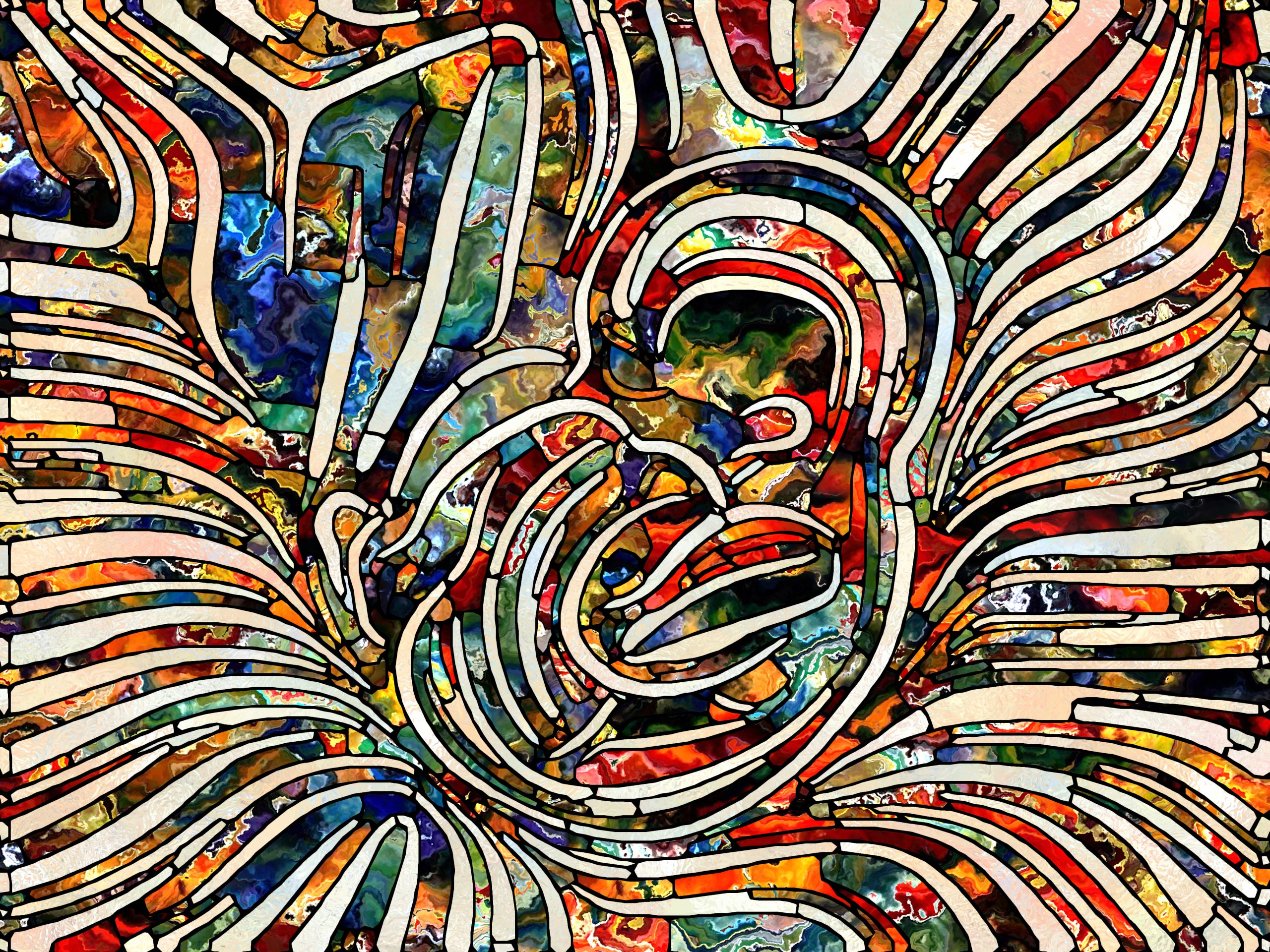 Colorful abstract design with flowing lines and vibrant swirls, resembling a stained glass pattern.