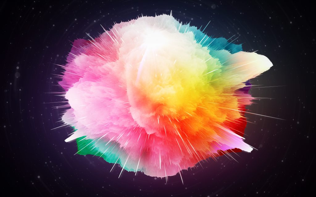 Colorful, abstract explosion of clouds with vibrant pink, orange, and green hues against a dark background.